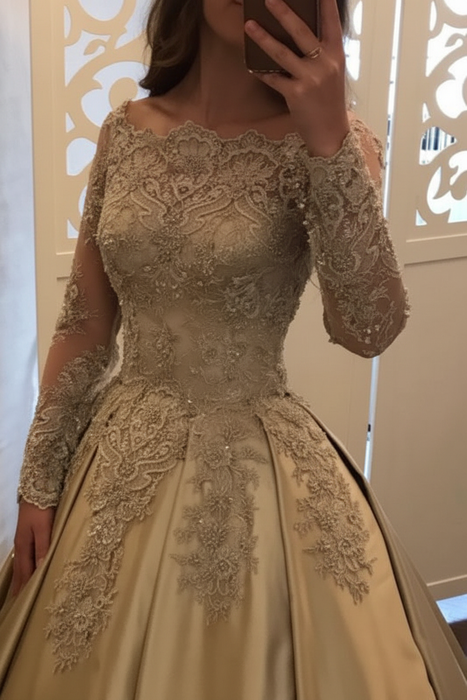 Off Shoulder Long Sleeve Ball Gown Appliques Satin Prom Dress - Prom Dresses