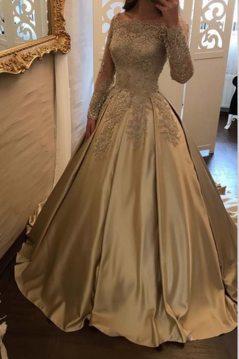 Off Shoulder Long Sleeve Ball Gown Appliques Satin Prom Dress - Prom Dresses