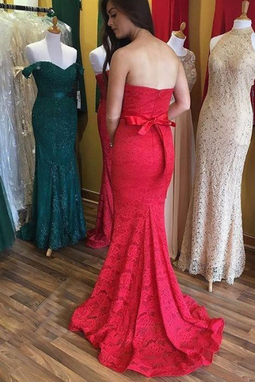 Chic Graceful Best Elegant Sweetheart Mermaid Red Lace Long Prom with Sash Bridesmaid Dress - Prom Dresses