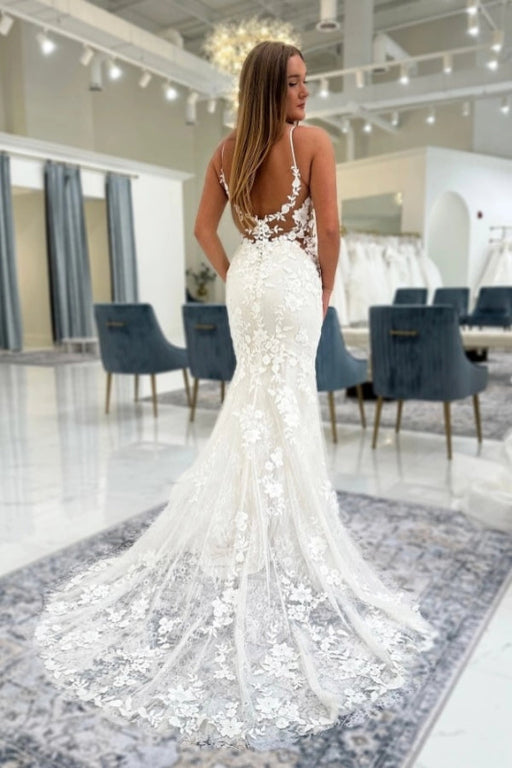 Chic Ivory Mermaid Wedding Dress Tulle lace Appliques Bridal Gown wedding dresses