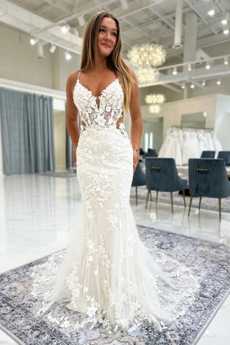 Chic Ivory Mermaid Wedding Dress Tulle lace Appliques Bridal Gown wedding dresses