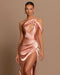 Chic Lotus Root Pink Sleeveless Strapless Evening Dress with Pleated Slit