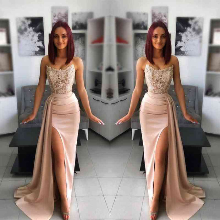 626. Chic Pink Evening Dress Prom Dress with Applique Belt and Slit