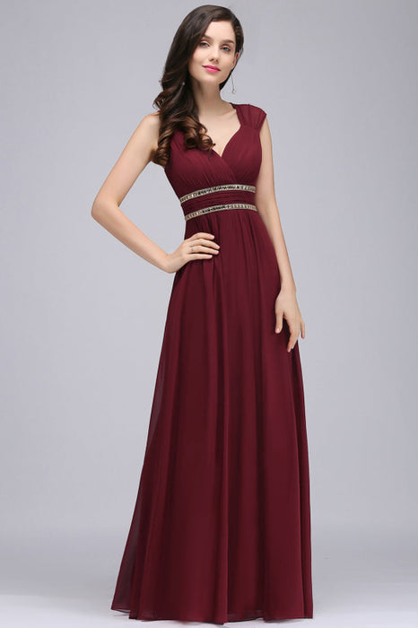 Ruched Chiffon Aline Formal Dress Burgundy with Beadings-Bridelily