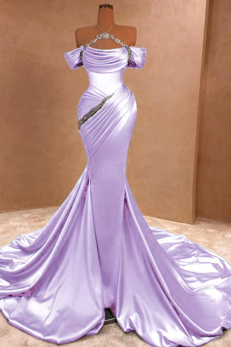 Chic Ruffle Satin Prom Dress Mermaid Off-the-Shoulder Beadings Long Party Gown