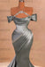 Chic Ruffle Satin Prom Dress Mermaid Off-the-Shoulder Beadings Long Party Gown