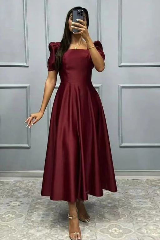 Chic Square Neckline A-Line Prom Dress with Short Sleeves