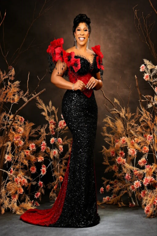 Chic Off-the-Shoulder Appliques Mermaid Sequins Evening Dress with Tassels