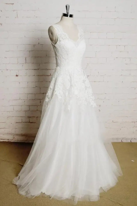 Chic V-neck Appliques Tulle A-line Wedding Dress - Wedding Dresses