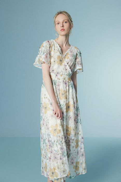 Chic V-Neck Floral Print Daily Wear Dress Tea Length - Dresses