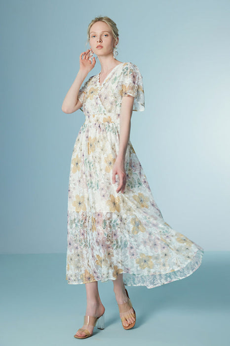 Chic V-Neck Floral Print Daily Wear Dress Tea Length - Dresses