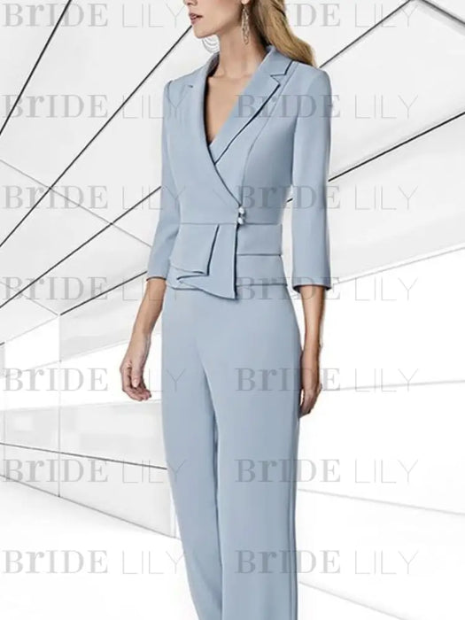 Elegant Mother of the Bride 2-Piece Chiffon Pantsuit with V-Neck and 3/4 Sleeves