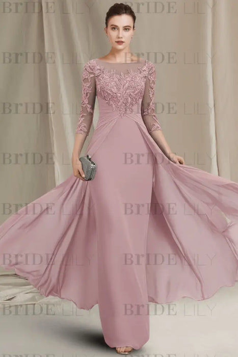 Chiffon A-Line Mother of the Bride Dresses Bateau with Lace Appliques - Dusty Pink - Mother of the Bride Dresses