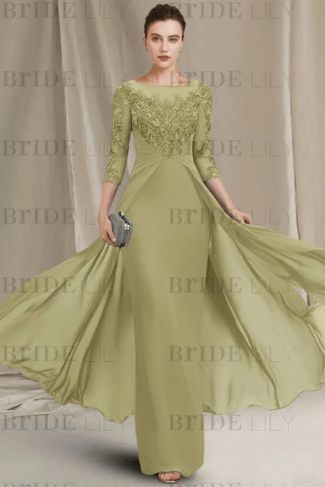 Chiffon A-Line Mother of the Bride Dresses Bateau with Lace Appliques - Sage - Mother of the Bride Dresses