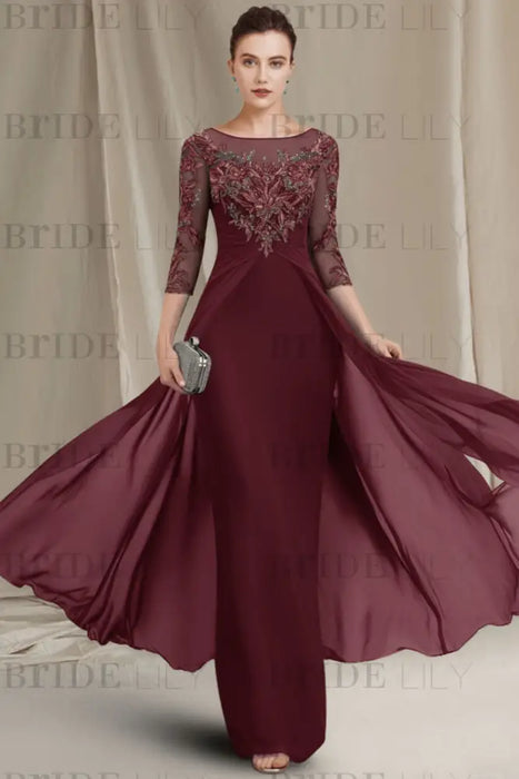 Chiffon A-Line Mother of the Bride Dresses Bateau with Lace Appliques - Burgundy - Mother of the Bride Dresses