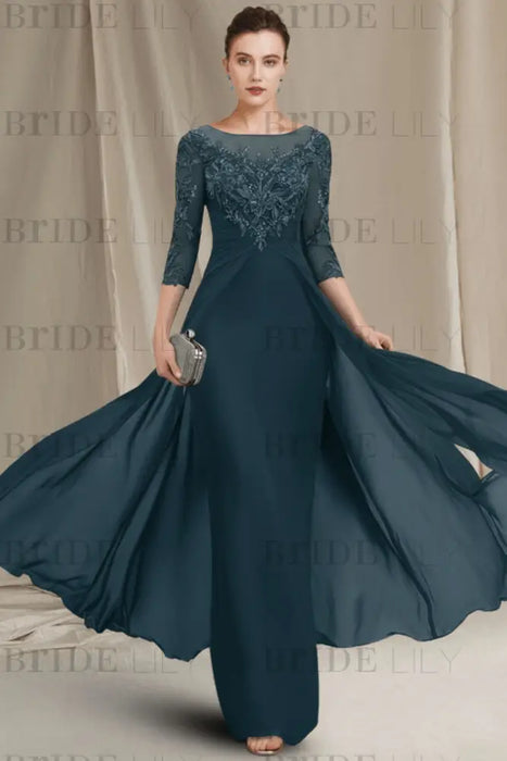 Chiffon A-Line Mother of the Bride Dresses Bateau with Lace Appliques - Ink Blue - Mother of the Bride Dresses
