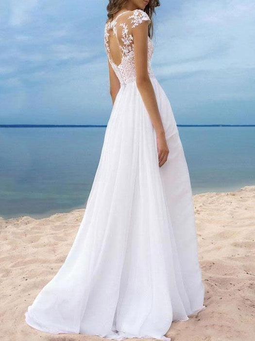 Boho Wedding Dresses 2021 chiffon v neck Short Sleeves A Line Split Front Bridal Dresses For Beach Wedding