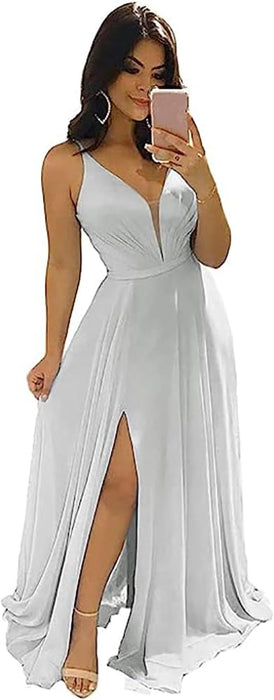 Elegant Chiffon Bridesmaid Dresses Aline V-Neck with Front Split White