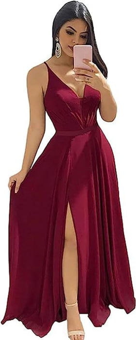 Burgundy Elegant Chiffon Bridesmaid Dresses Aline V-Neck with Front Split