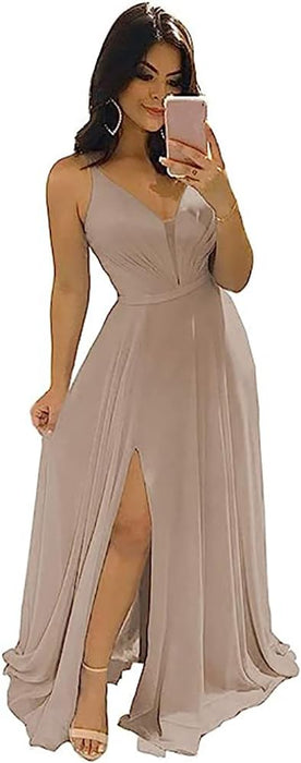 Elegant Chiffon Bridesmaid Dresses Aline V-Neck with Front Split Dusty Pink