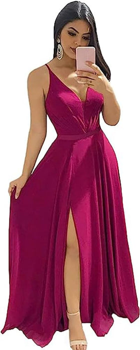 Elegant Chiffon Bridesmaid Dresses Aline V-Neck with Front Split Fuchsia