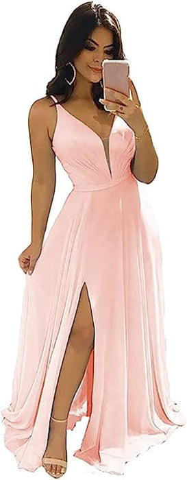 Elegant Chiffon Bridesmaid Dresses Aline V-Neck with Front Split Pink