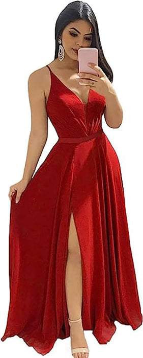 Elegant Chiffon Bridesmaid Dresses Aline V-Neck with Front Split Red