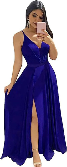 Elegant Chiffon Bridesmaid Dresses Aline V-Neck with Front Split Royal Blue