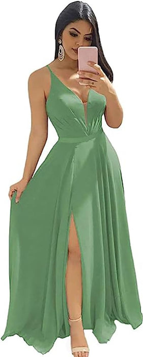 Elegant Chiffon Bridesmaid Dresses Aline V-Neck with Front Split Sage