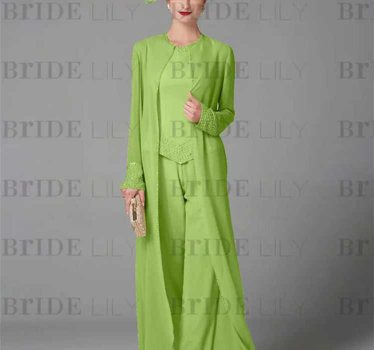 Chiffon three piece pantsuit with a long duster coat in apple green