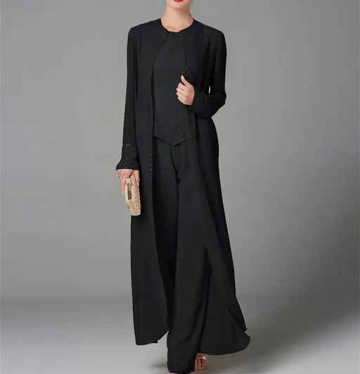 Chiffon three piece pantsuit with a long duster coat in black