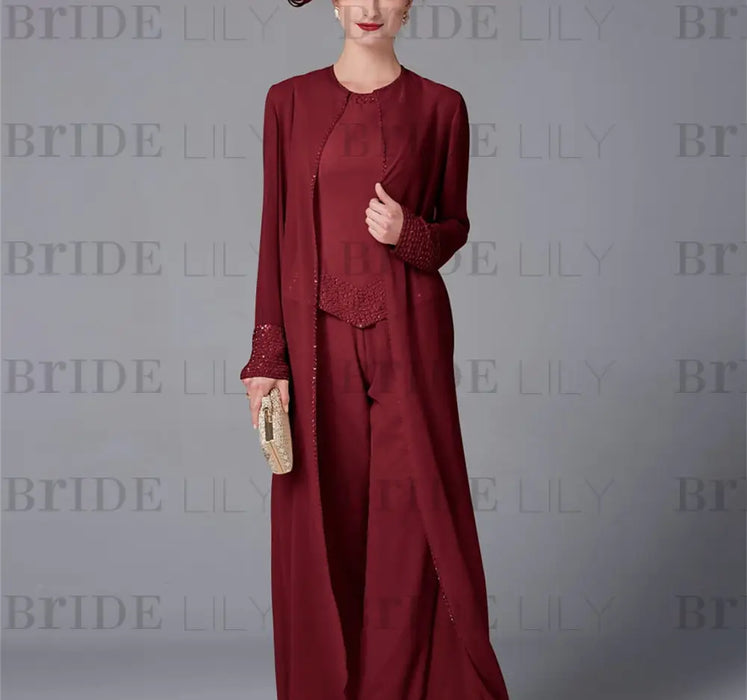 Chiffon three piece pantsuit with a long duster coat in burgundy