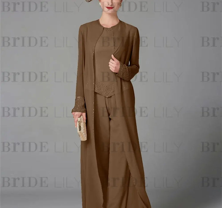 Chiffon three piece pantsuit with a long duster coat in camel