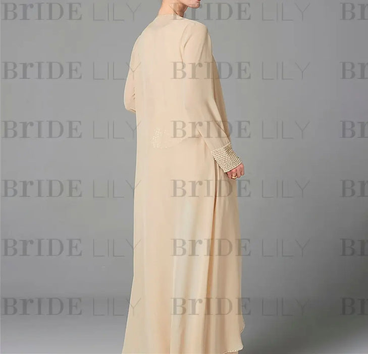 Back view of the champagne chiffon duster coat mother of the bride pantsuit