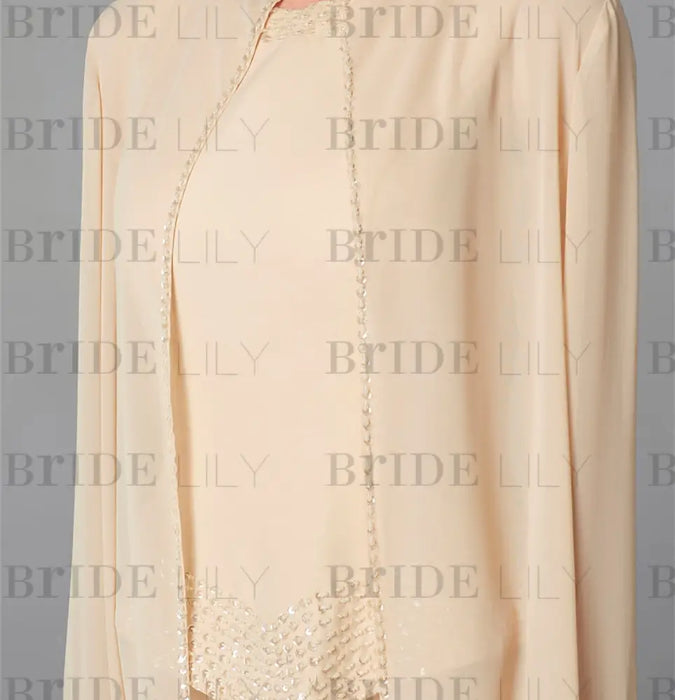 Champagne chiffon mother of the bride pantsuit with long duster coat