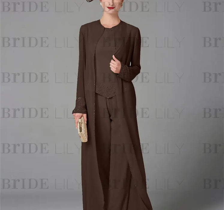 Chiffon three piece pantsuit with a long duster coat in chocolate brown