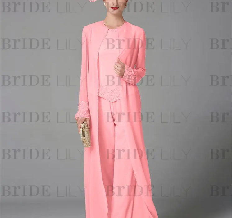 Chiffon three piece pantsuit with a long duster coat in coral pink