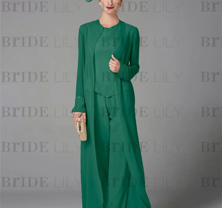 Chiffon three piece pantsuit with a long duster coat in emerald green
