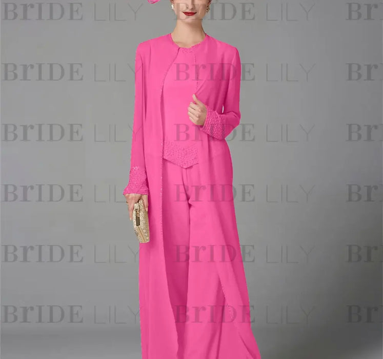 Fuchsia chiffon mother of the bride pantsuit with long duster coat