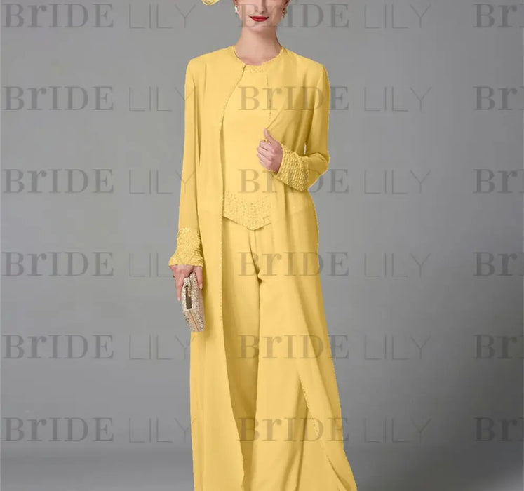 Gold chiffon mother of the bride pantsuit with long duster coat
