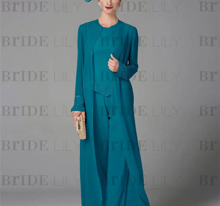 Ink Blue chiffon mother of the bride pantsuit with long duster coat