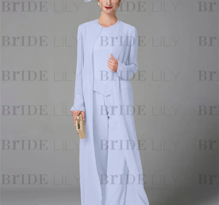 Lavender chiffon mother of the bride pantsuit with long duster coat