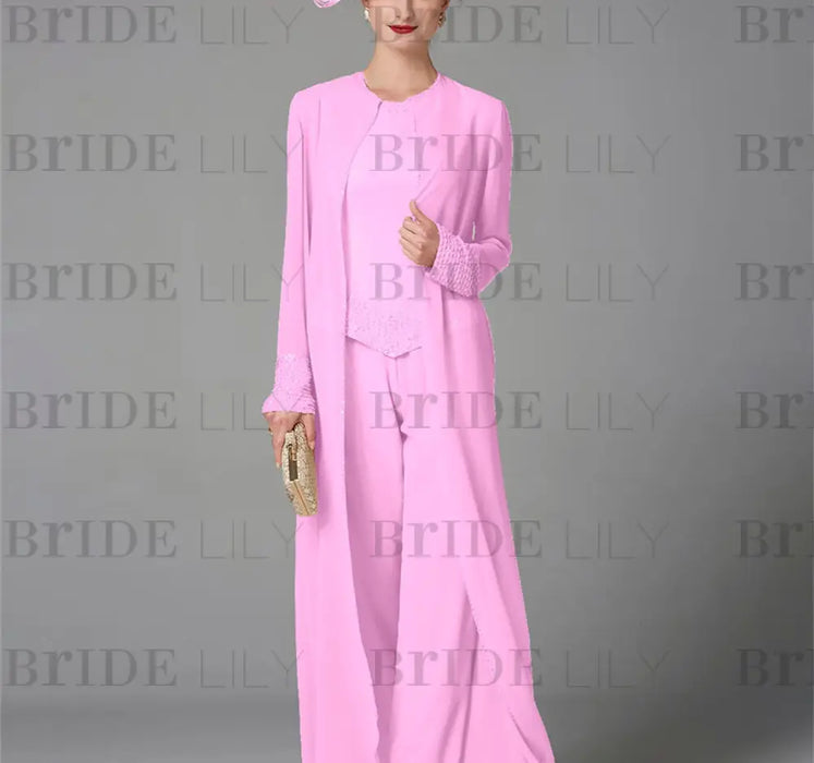 Lilac chiffon mother of the bride pantsuit with long duster coat