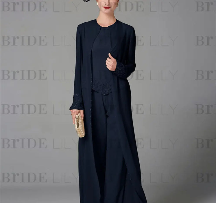 Chiffon three piece pantsuit with a long duster coat in navy