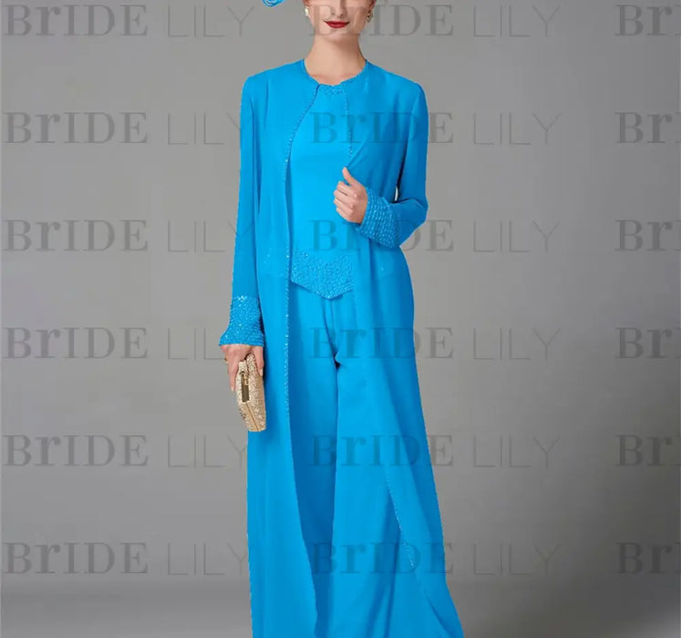 Ocean Blue chiffon mother of the bride pantsuit with long duster coat