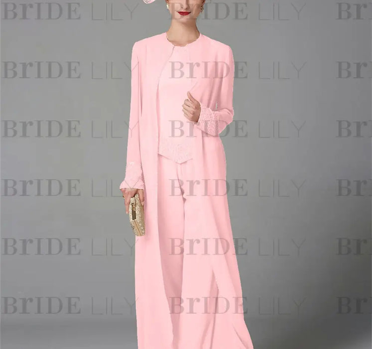 Chiffon three piece pantsuit with a long duster coat in pale pink