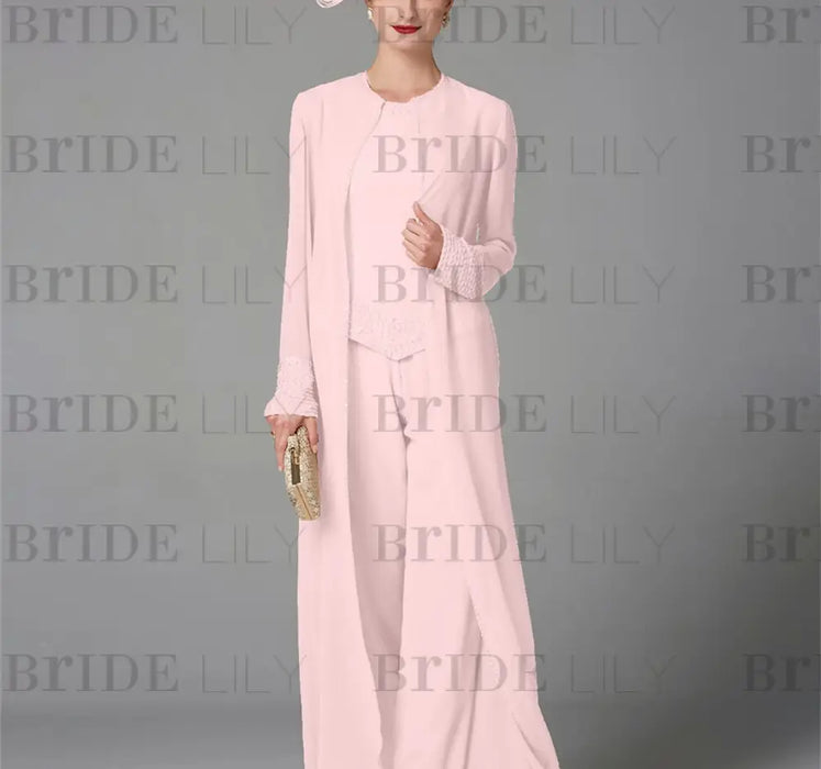 Pink chiffon mother of the bride pantsuit with long duster coat