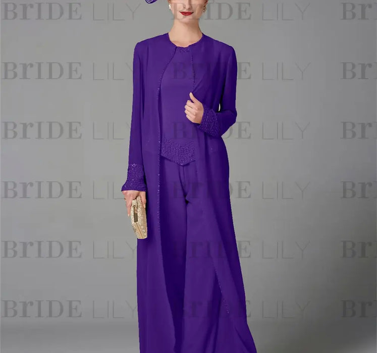 Regency chiffon mother of the bride pantsuit with long duster coat