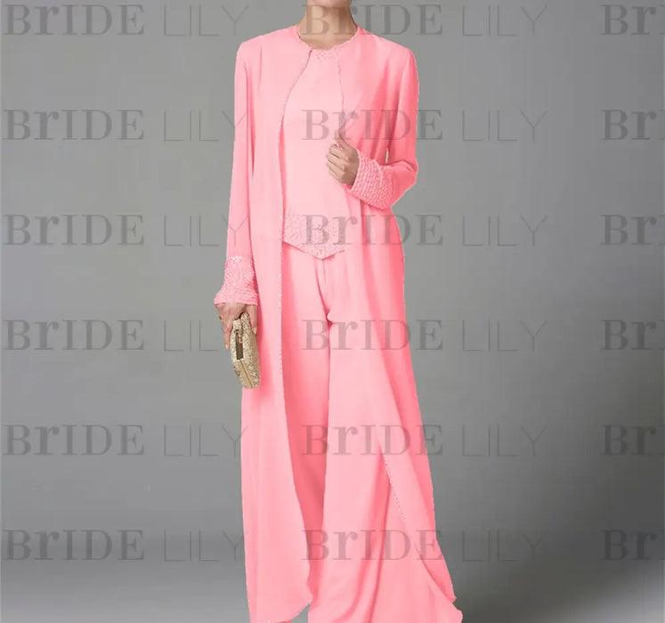 Chiffon three piece pantsuit with a long duster coat in soft pink