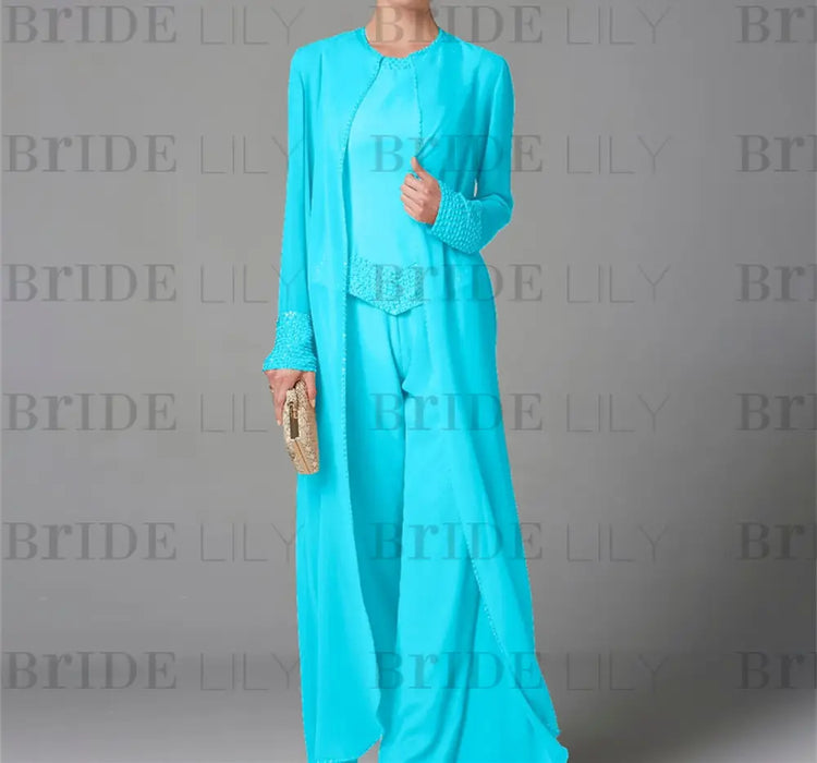 Chiffon three piece pantsuit with a long duster coat in turquoise